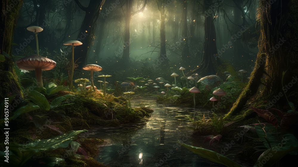 A magical enchanted dark forest with mushrooms, generative ai
