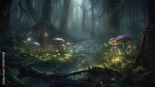 A magical enchanted dark forest with mushrooms  generative ai