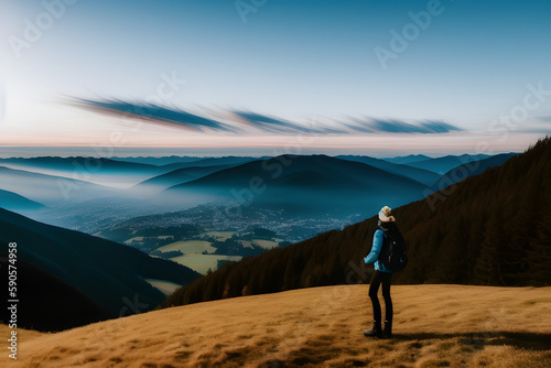 Woman on mountain Schoeckl looking over low stratus to sunset