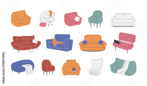 Sofas and armchairs. Modern cozy soft home furniture, colorful upholstered couch chair elements for room interior decoration. Vector cartoon set. Different colorful objects for living room