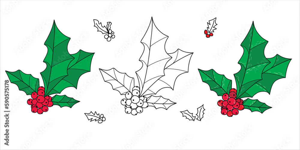 Christmas Mistletoe vector elements. Doodle set for decor, cards, banners, print, posters, icons.