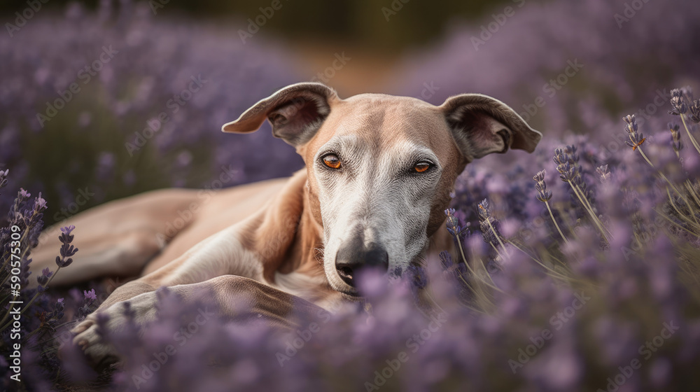 Indian sighthound in levandula field, dog in purple flowers, generative ai