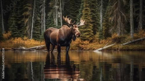 Big and majestatic elk standing in a river on Alaska  generative ai