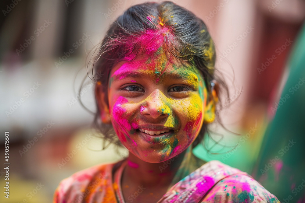 Young girl with colorful powder on her happy face during holi celebration. generative AI