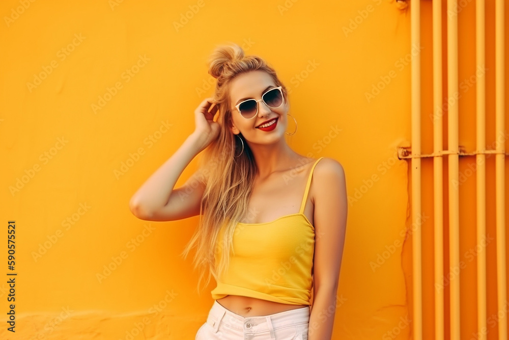 Pretty young woman with blonde hair wearing sunglasses in front of a yellow wall outside. generative AI