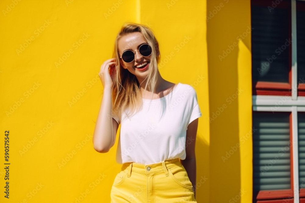 Fototapeta premium Pretty young woman with blonde hair wearing sunglasses in front of a yellow wall outside. generative AI