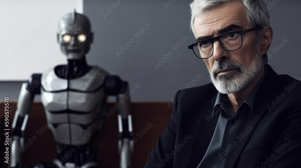 Mature man at a job interview wearing a suit. The older person is competing against an artificial intelligence robot for the same work. generative AI Mature man at a job interview wearing a suit. The older person is competing against an artificial intelligence robot for the same work. generative AI