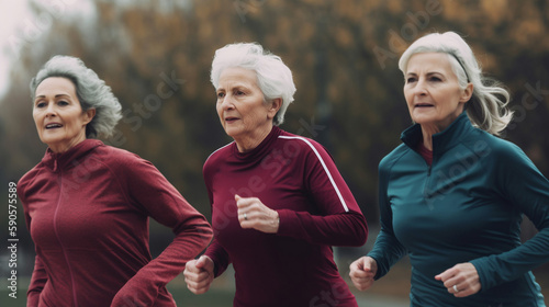 Senior citizen woman running together as a group outside. generative AI