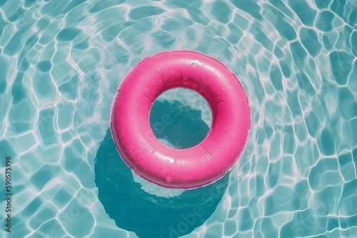 Pink rubber ring floating in the swimming pool, top view. Vacation and recreation. Generative AI.