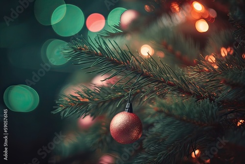 Close up view of beautiful fir branches with shiny colorful bauble or ball  xmas ornaments and lights  christmas holidays background. Generative Ai.