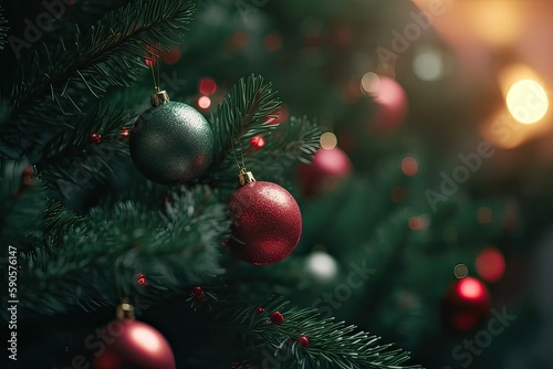 Close up view of beautiful fir branches with shiny colorful bauble or ball, xmas ornaments and lights, christmas holidays background. Generative Ai. © Kowit