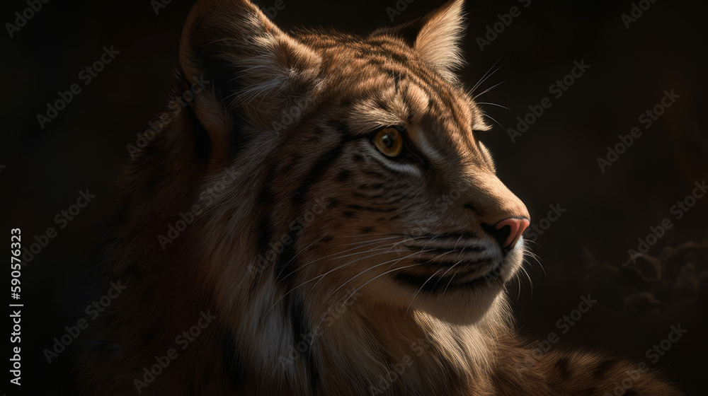 Big cat portrait with dramatic dark lighting and black background, generative ai Big cat portrait with dramatic dark lighting and black background, generative ai