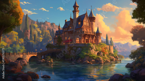Fantasy castle in lake - 2d illustration - Generative AI © mr_marcom