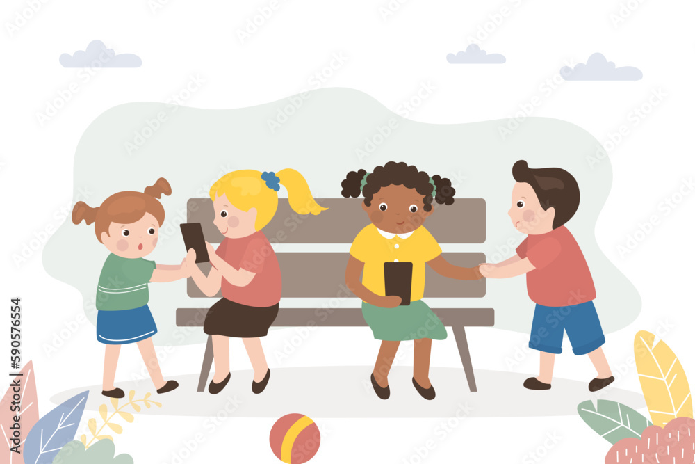 Children invite friends to play active games and put away devices. Kids sitting on bench and use smartphones. Preschoolers with mobile phones, cyber addiction. Social network Children invite friends to play active games and put away devices. Kids sitting on bench and use smartphones. Preschoolers with mobile phones, cyber addiction. Social network