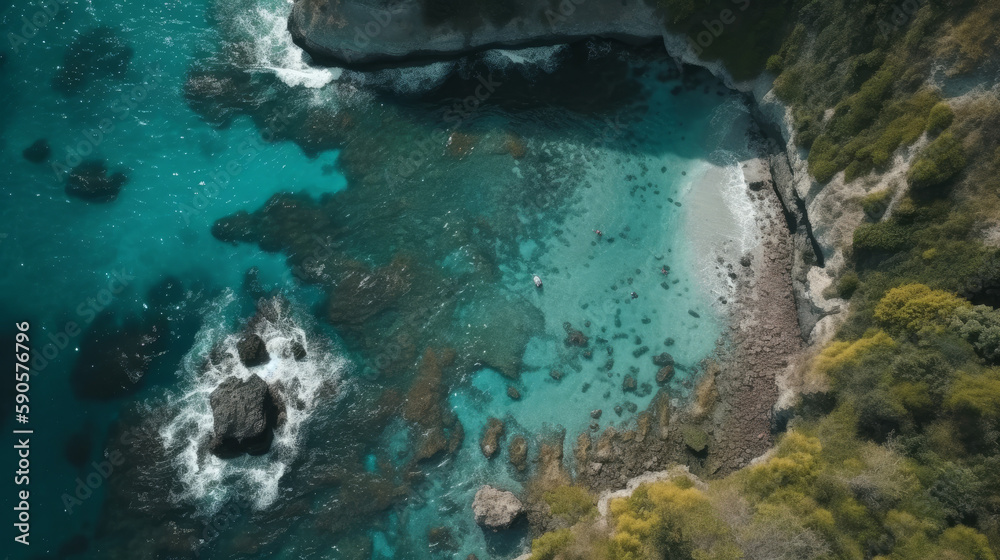 Coastline with azure sea from above, generative ai