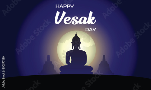 Vesak Day design concept. It has a silhouette of a Buddha statue with a full moon in the back. Vector illustration