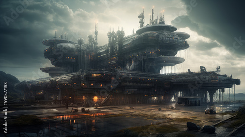 Dieselpunk space port with many spaceships and aircrafts, generative ai