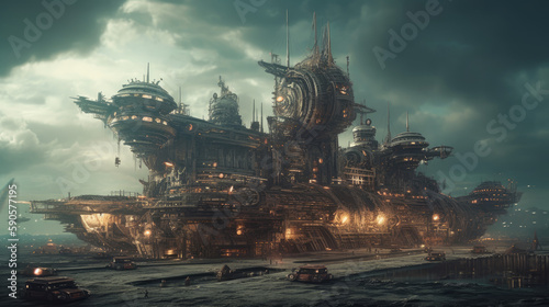 Dieselpunk space port with many spaceships and aircrafts, generative ai © TheGoldTiger