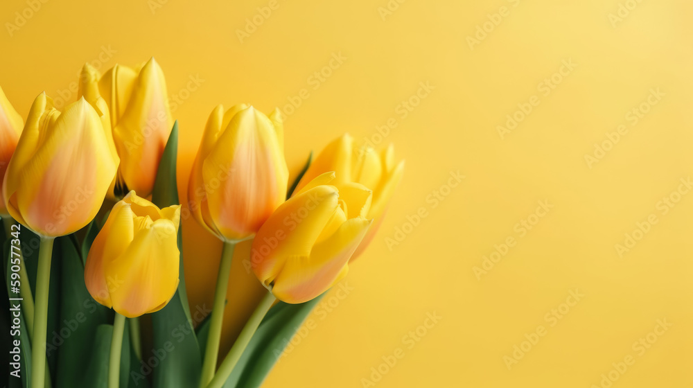 Empty clean solid bright background with fresh yellow tulip, generative ai Empty clean solid bright background with fresh yellow tulip, generative ai