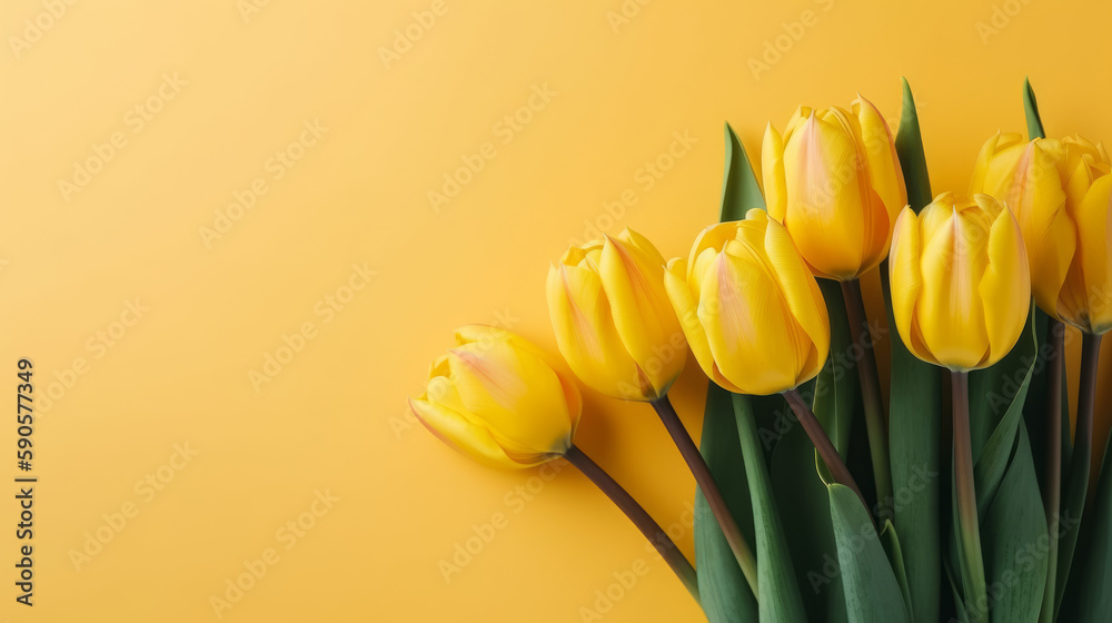 Empty clean solid bright background with fresh yellow tulip, generative ai Empty clean solid bright background with fresh yellow tulip, generative ai