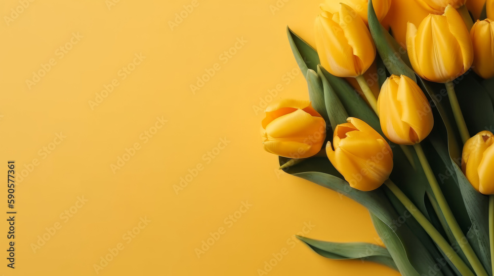 Empty clean solid bright background with fresh yellow tulip, generative ai Empty clean solid bright background with fresh yellow tulip, generative ai