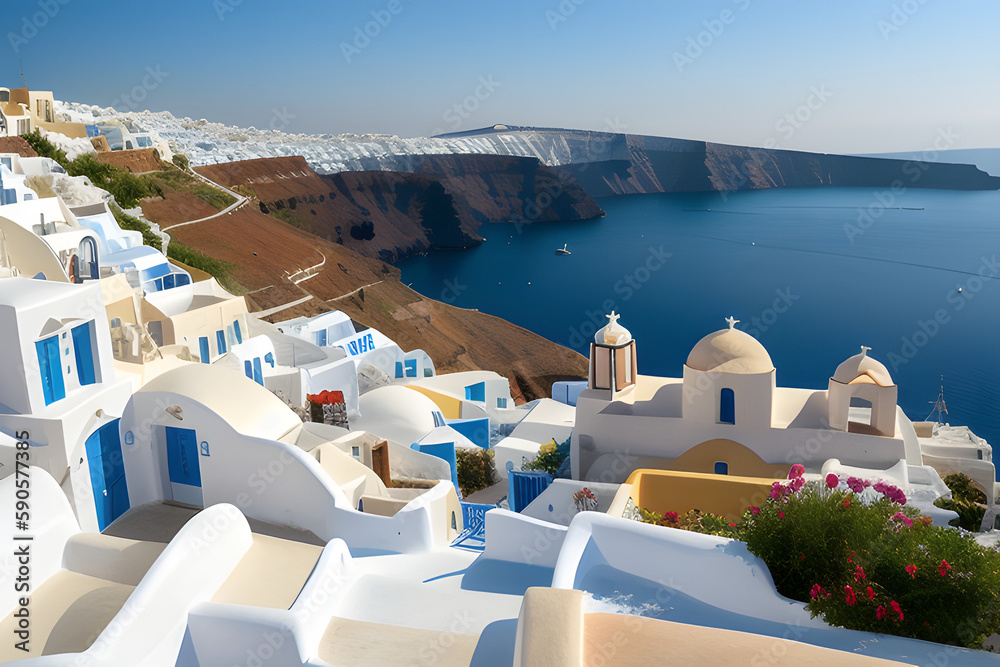 View to the sea from Oia the most beautiful village of Santorini island in Greece