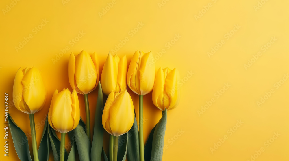 Empty clean solid bright background with fresh yellow tulip, generative ai Empty clean solid bright background with fresh yellow tulip, generative ai