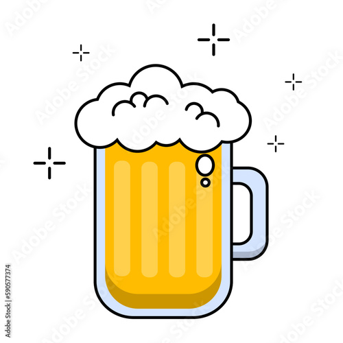 Cold bubbly refreshing beer mug icon, alcoholic drink, summer beverage, frothy fresh drinking for bar, beach or restaurant. Vector with editable colors and stroke.