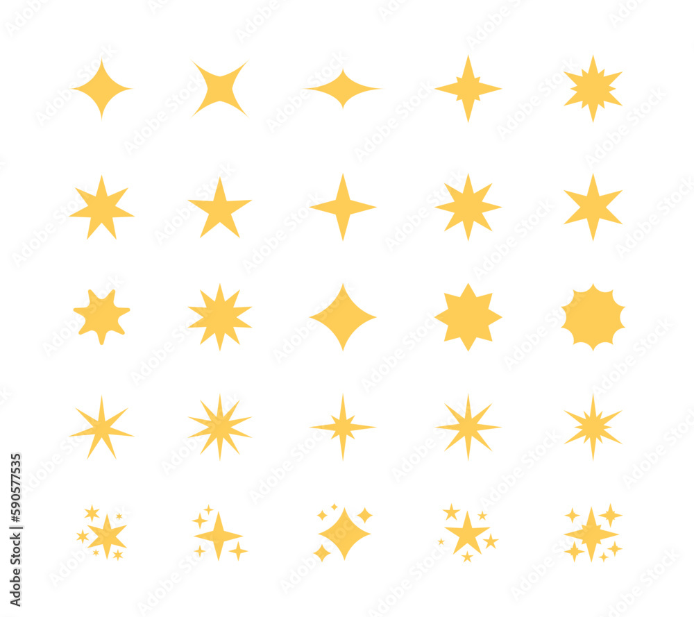 Stars and sparkles icons. Glitter party decoration elements, shiny dust burst and cosmic decorative symbols. Vector isolated set. Magic glowing and shining lights, festive sparking objects Stars and sparkles icons. Glitter party decoration elements, shiny dust burst and cosmic decorative symbols. Vector isolated set. Magic glowing and shining lights, festive sparking objects