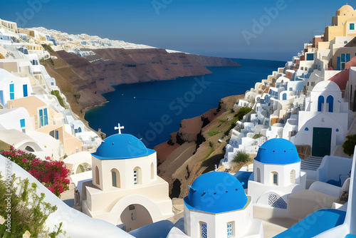 Oia town on Santorini island, Greece. Traditional and famous white houses and churches with blue domes over the Caldera