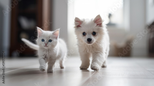 Innocent and happy kitten and puppy smiling to camera, generative ai © TheGoldTiger