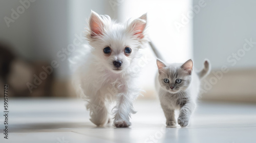 Innocent and happy kitten and puppy smiling to camera, generative ai