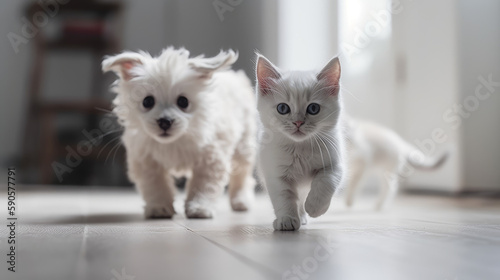 Innocent and happy kitten and puppy smiling to camera, generative ai © TheGoldTiger