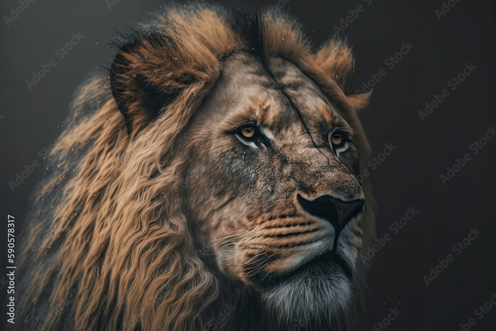 Generative AI illustration of colorful vibrant portait if strong powerful male lion