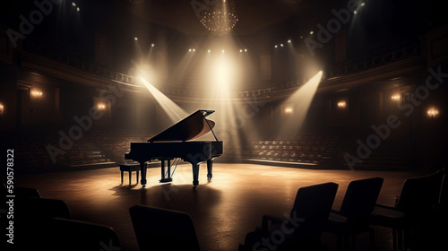 Concert hall with piano on tage with light ray and no peaople, generative ai
