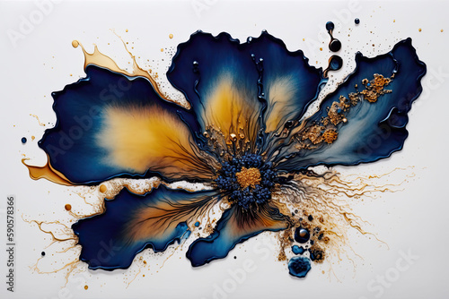 Beautiful Generative AI illustration alcohol ink spill with intricate Royal Blue and gold colours giving abstract background