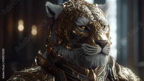 Antropomorphic majestatic tiger statute in armor, generative ai
