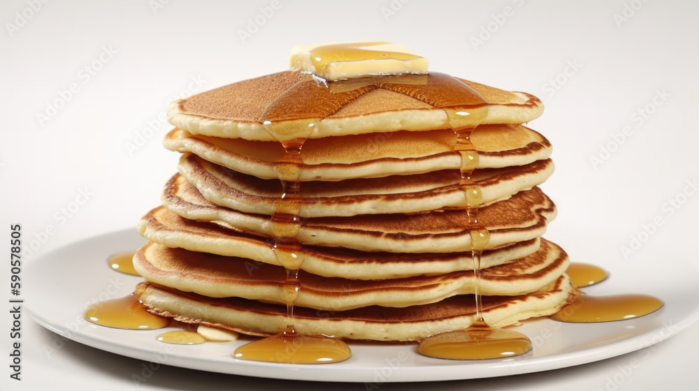 Stack of pancakes with maple sirup, pancakes on white backgorund, generative ai Stack of pancakes with maple sirup, pancakes on white backgorund, generative ai