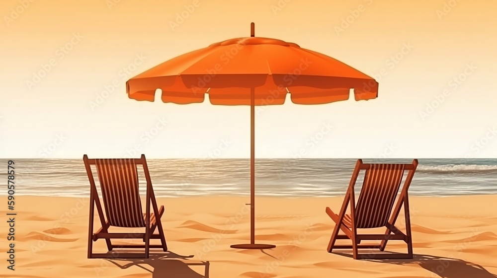 Summer beach banner with umbrella and two deck chairs, warm colors, summer theme illustration