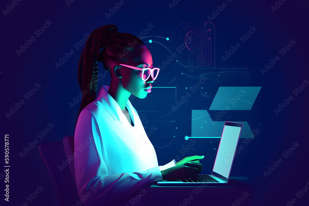 Flat vector illustration African woman with laptop and glasses, blue background, neon light, colorful mixed lights. Data storage cyber security, hacking, big data. Flat vector illustration African woman with laptop and glasses, blue background, neon light, colorful mixed lights. Data storage cyber security, hacking, big data.