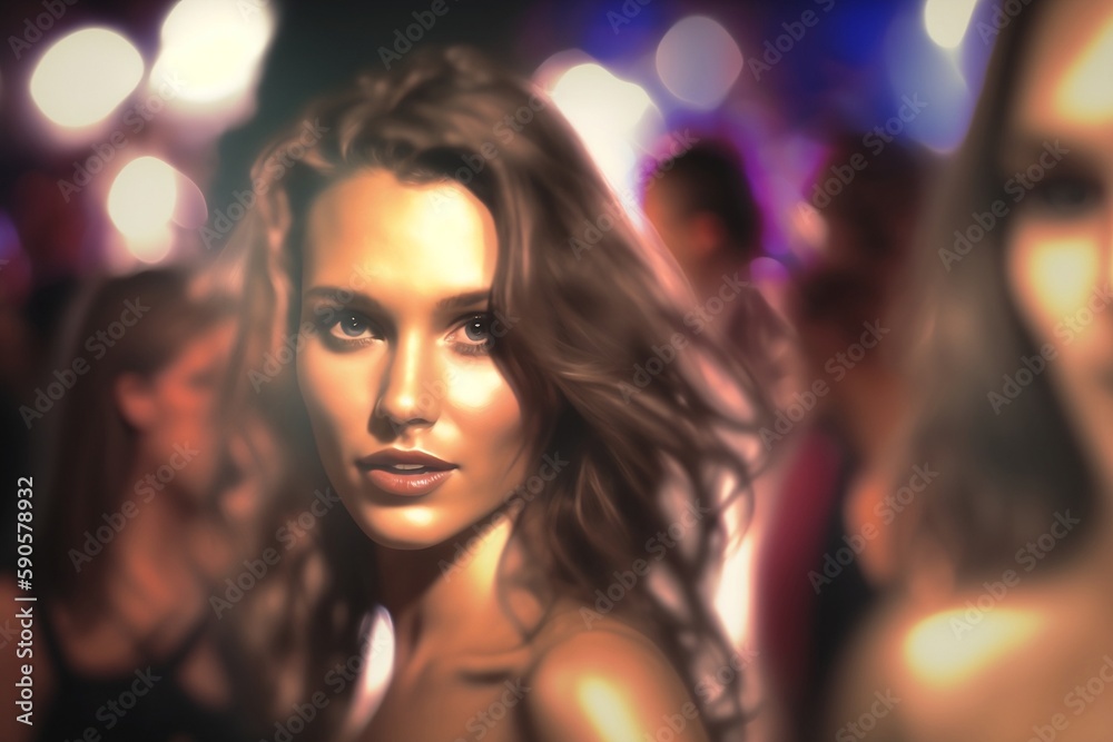 A portrait of a beautiful woman in nightclub. Good for any project. Generative AI.