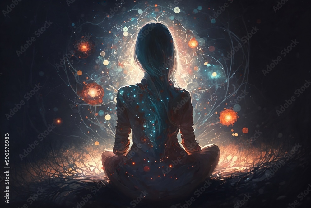 A female in a lotus pose, a bright colorful painting. Generative AI