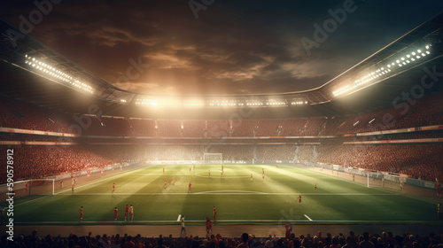 Players playing footbal in stadium at night, generative ai © TheGoldTiger