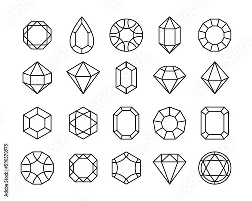 Line gemstones. Treasure diamonds and outlined precious stones, luxury jewelry geometric symbols thin strokes logo design. Vector isolated set. Different expensive gem icons as emerald, sapphire