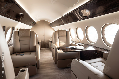 Luxury private jet interior with beige leather seats, Generative AI