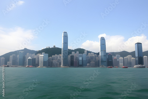 View of Hong Kong skyline with a red Chinese sailboat passing on the Victoria Harbor in a sunny day.