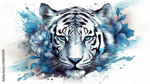 Tattoo art  blue lotus tiger tattoo  generative ai