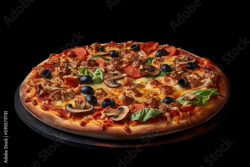 Pizza with mushrooms, olives and fresh basil on a black isolated background, ai generated