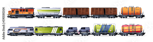 Cargo train. Cartoon freight delivery transport locomotive wagon carriage with containers, railroad transport service with goods transportation. Vector collection. Freight shipping, transit