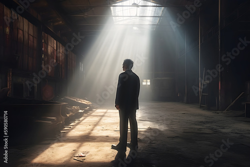 A man stands in an old factory  illuminated by a beam of light. Generative AI